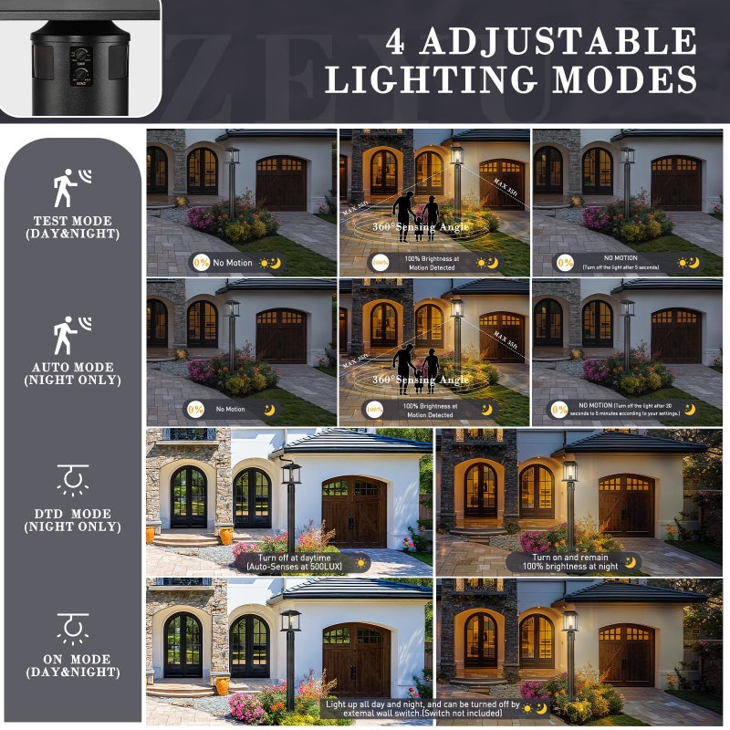 zeyu 12.2-Inch Outdoor Lamp Post Light Fixture, 360Â° Detection, 4 Modes, Exterior Sensor Post Light, Die-Cast Aluminum with Clear Glass Shade, Black Finish, 0409-P-SE BK - Image 4